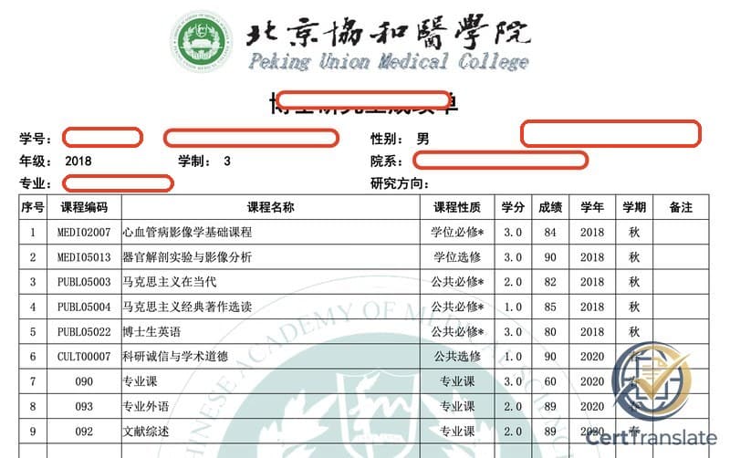 Chinese PhD transcript from Peking Union Medical College with redacted student name, ID, supervisor, and department — showing two Marxism courses among the required subjects and a course-name field that repeats the course-type label for the program's specialized course