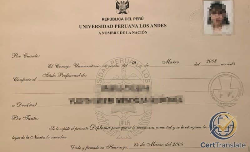 Front of a Peruvian Diploma de Título Profesional (Médico Cirujano) from Universidad Peruana Los Andes, with the holder photo, name, degree title, and registration stamp redacted; the formal degree face, whose reverse carries the registration described in this case