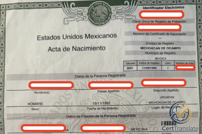 Top portion of a Mexican Acta de Nacimiento (digital e-Acta) from the Civil Registry of Michoacán de Ocampo, with personal data redacted, showing 'Municipio de Registro: MUGICA' (the municipality where the birth was registered) and 'Lugar de Nacimiento: URUAPAN, MICHOACAN DE OCAMPO' (the place of birth) — two distinct municipalities within the same Mexican state