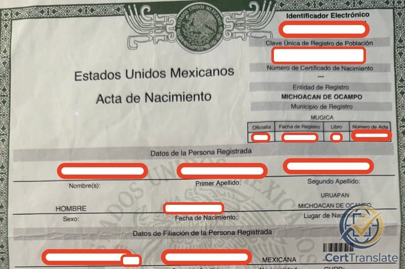 Top portion of a Mexican Acta de Nacimiento (digital e-Acta) from the Civil Registry of Michoacán de Ocampo, with personal data redacted, showing 'Municipio de Registro: MUGICA' (the municipality where the birth was registered) and 'Lugar de Nacimiento: URUAPAN, MICHOACAN DE OCAMPO' (the place of birth) — two distinct municipalities within the same Mexican state
