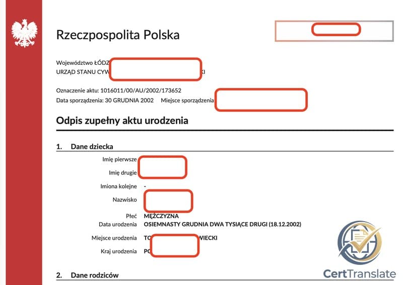 First page of a Polish Odpis zupełny aktu urodzenia (Complete Copy of Birth Certificate) with redacted personal details, showing the child's date of birth recorded twice on the same line — once spelled out in Polish words and once in numeric DD.MM.YYYY form