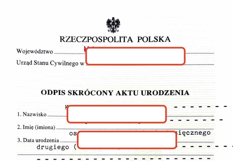Top band of a Polish Odpis skrócony aktu urodzenia (Abridged Copy of Birth Certificate) with all value fields redacted under red boxes, showing the Polish field labels Województwo, Urząd Stanu Cywilnego w, Nazwisko, Imię (imiona), and Data urodzenia, and the document title in Polish