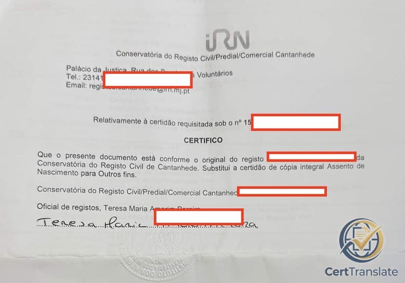 Portuguese birth certificate (Certidão de Nascimento — cópia integral) cover page issued by the Conservatória do Registo Civil of Cantanhede, with redacted personal details — the certification sheet a US reviewer first encounters before the main birth record and the averbamentos pages