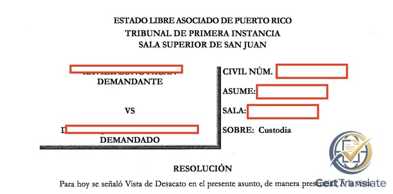 Redacted caption block of a Puerto Rico Superior Court Resolución showing the Estado Libre Asociado de Puerto Rico, Tribunal de Primera Instancia, Sala Superior de San Juan header and the right-column fields CIVIL NÚM., ASUME, SALA, and SOBRE: Custodia