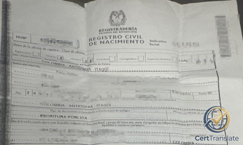 Redacted Colombian birth registration (Registro Civil de Nacimiento) corrected by public deed, showing the "Tipo de documento antecedente" field marked ESCRITURA PÚBLICA; the NUIP, serial number, code, names, and date of birth are pixelated