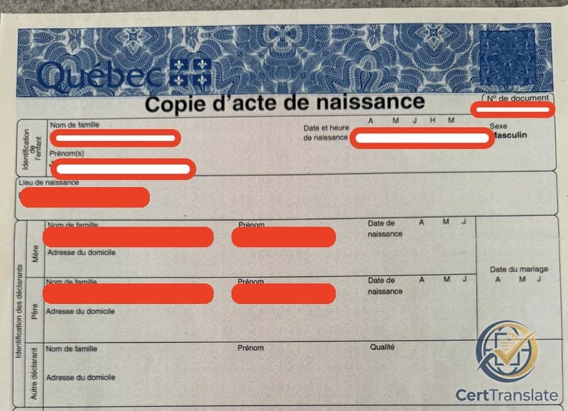 Top portion of a Quebec long-form Copie d'acte de naissance issued by the Directeur de l'état civil du Québec, with the child's personal details redacted — the 'Copie d'acte de naissance' title block, the bordered Identification de l'enfant grid, the Mère and Père rows of the Identification des déclarants block with the parents' names redacted, the redacted place-of-birth line, and the first row of the Autre déclarant block with the Qualité column header remain visible to show the document's structure