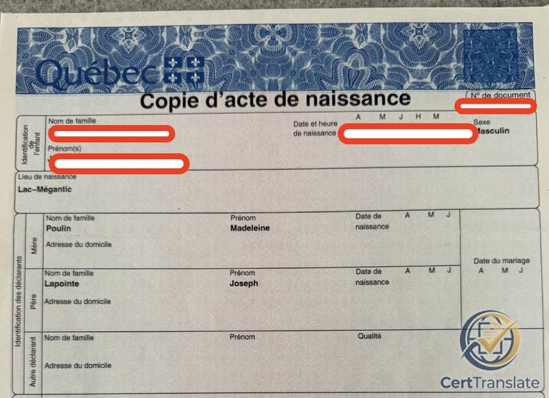 Top portion of a Quebec long-form Copie d'acte de naissance issued by the Directeur de l'état civil du Québec, with the child's personal details redacted — the 'Copie d'acte de naissance' title block, the bordered Identification de l'enfant grid, the Mère and Père rows of the Identification des déclarants block, the place of birth (Lac-Mégantic), and the first row of the Autre déclarant block with the Qualité column header remain visible to show the document's structure