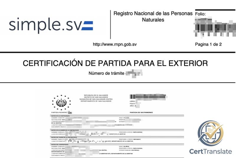 Top of an El Salvador marriage certificate (certificación de partida para el exterior) with personal details redacted, showing the national civil-registry portal certification page wrapping an embedded image of the municipal marriage record