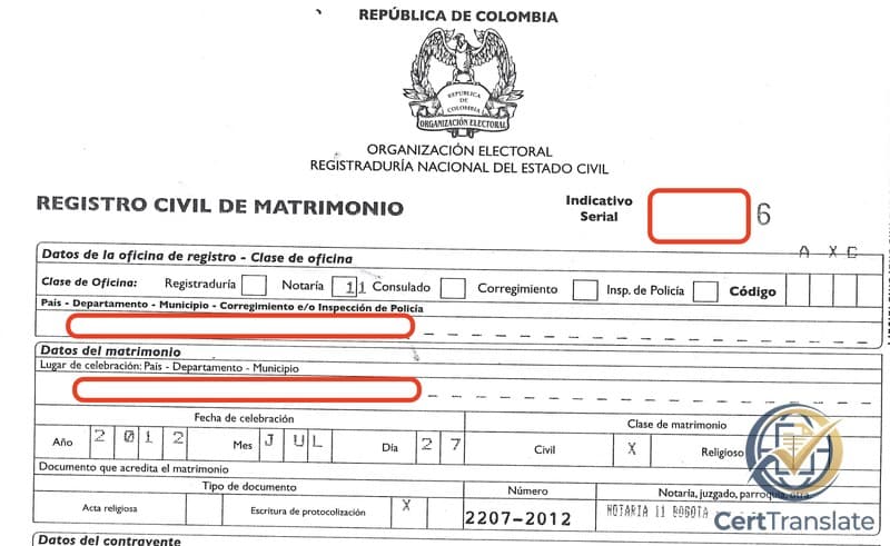 Top portion of a Colombian Registro Civil de Matrimonio (Civil Marriage Registry) issued by Notaría 11 of Bogotá, with personal details redacted in red — showing the masthead, the REGISTRO CIVIL DE MATRIMONIO title, the marked Notaría 11 office class, the celebration date (27 JUL 2012), the Civil marriage class, and the supporting Notarial Protocolization Deed No. 2207-2012