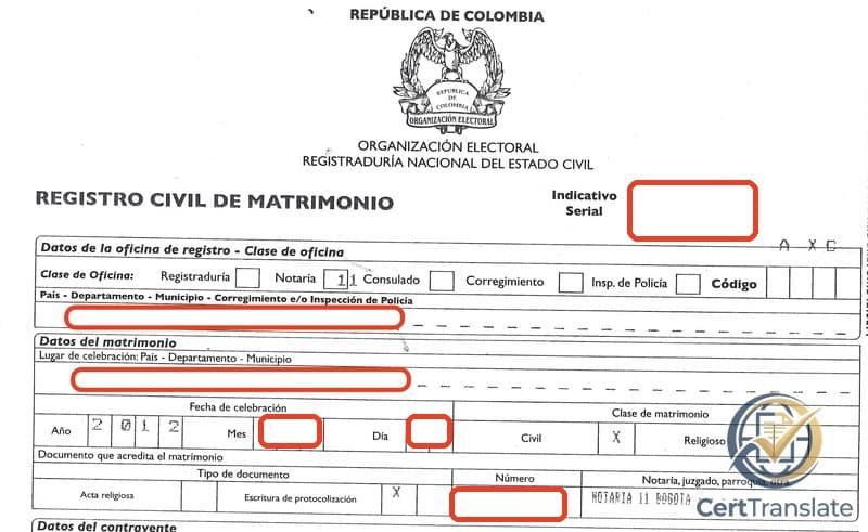 Top portion of a Colombian Registro Civil de Matrimonio (Civil Marriage Registry) issued by Notaría 11 of Bogotá, with personal details redacted in red — showing the masthead, the REGISTRO CIVIL DE MATRIMONIO title, the marked Notaría 11 office class, the celebration date (27 JUL 2012), the Civil marriage class, and the supporting Notarial Protocolization Deed No. 2207-2012