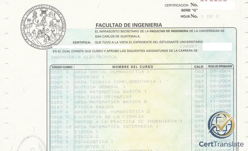 Guatemalan USAC Faculty of Engineering transcript with redacted personal data showing the round institutional seal covering the student's first surname in the header and the dot-matrix course list printed against a green guilloche security background