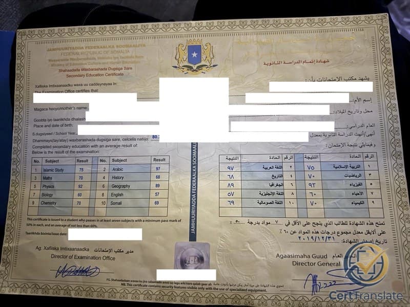 Somali secondary education certificate translation example showing trilingual layout — Somali and English on the left, Arabic on the right