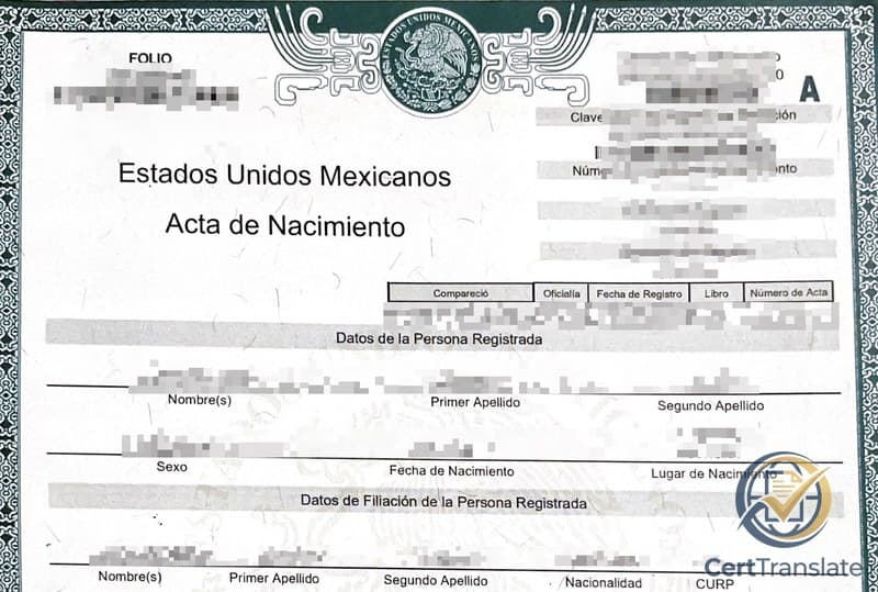 Top portion of a Mexican Acta de Nacimiento (birth certificate) with all personal data redacted, showing the document structure on a Sonora civil-registry birth record