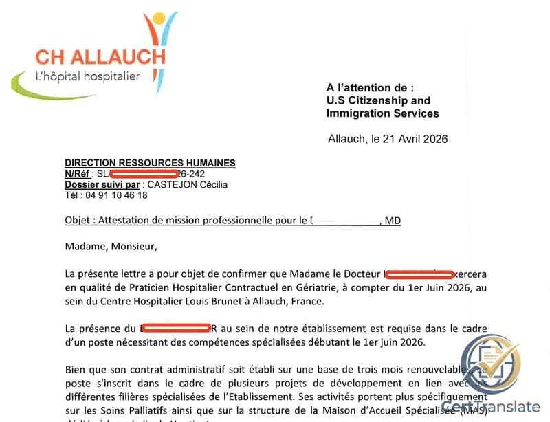 French hospital employer attestation with redacted personal data showing an institutional stamp written in French overlapping a handwritten signature in the bottom-right of the page