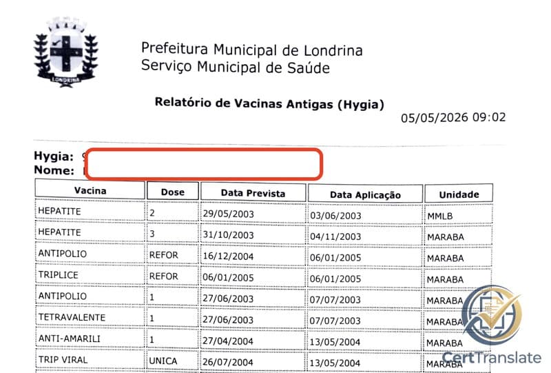 Brazilian municipal vaccination printout ('Relatório de Vacinas Antigas (Hygia)') issued by the Prefeitura Municipal de Londrina / Serviço Municipal de Saúde, with redacted personal details — showing a system-generated 17-row vaccine table with no signatures or stamps and Brazilian SUS-program shorthand in the vaccine column