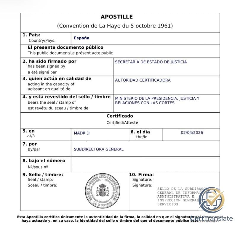 Original Spanish apostille showing trilingual field labels in Spanish, English, and French — personal details redacted, official Ministry seal and signature block visible