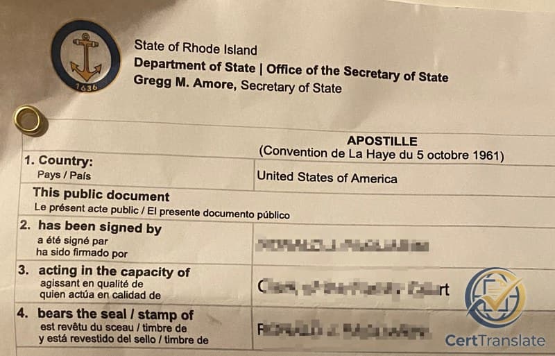 Rhode Island State Apostille (Hague Convention of 5 October 1961) for a Family Court divorce decree, country of destination Italy — State of Rhode Island anchor seal, signed by the Secretary of State's office; Clerk of the Family Court's name redacted
