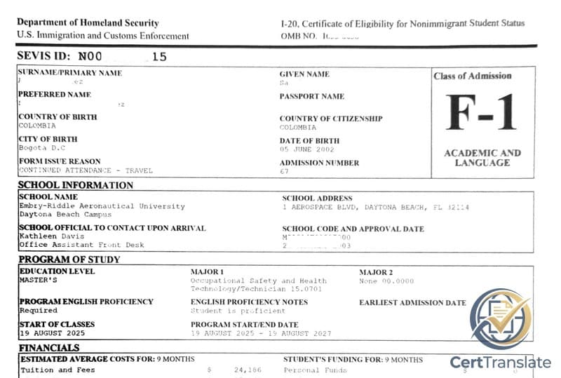 U.S. Department of Homeland Security Form I-20 (Certificate of Eligibility for Nonimmigrant Student Status) page 1 with personal details redacted, showing the F-1 class-of-admission panel, SEVIS ID field, school information, program of study, and school/student attestation blocks
