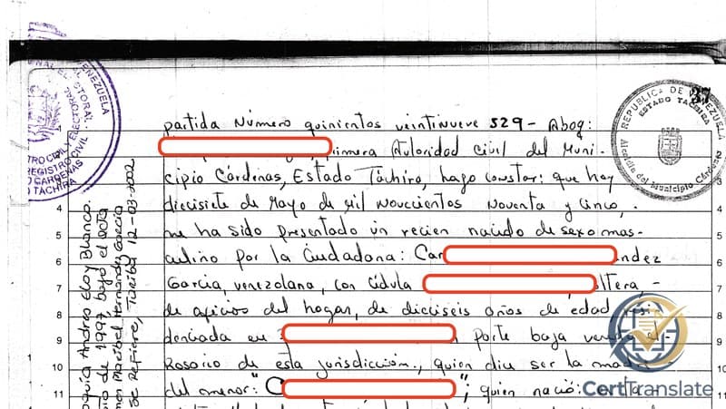 Upper portion of a handwritten Venezuelan birth certificate (Acta de Nacimiento No. 529) on a pre-printed civil-registry ledger page from the Municipio Cárdenas, Estado Táchira — personal data redacted with solid bars over the registrar's name, the mother's name, the cédula number, the mother's residence, and the minor's first name; the opening line of the body is visible on the right, the vertical sideways left-margin NOTE about the later paternal acknowledgement in Municipio Ezequiel Zamora / Estado Barinas runs along lines 4–10, and the upper-left round Nacional Electoral / Registro Civil stamp is cropped at the page binding
