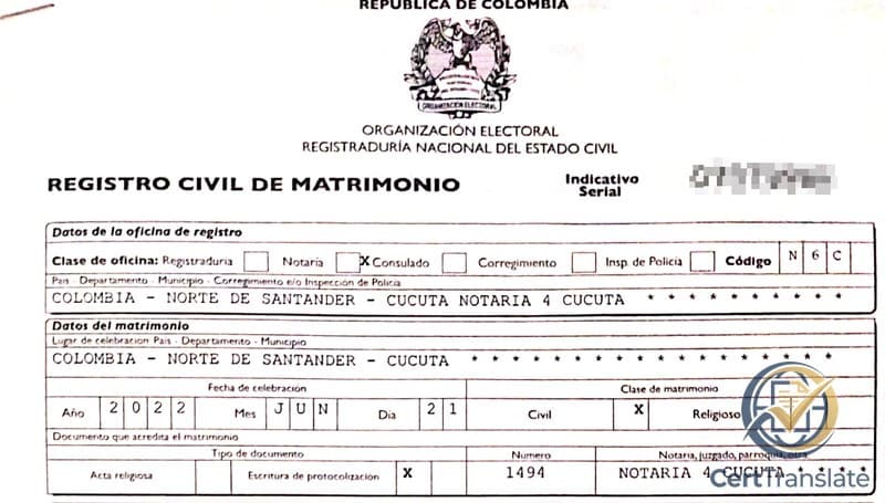 Crop of a Colombian Registro Civil de Matrimonio showing the "Clase de oficina" row with a hand-placed X mark sitting in the gutter between the Notaría and Consulado checkboxes, both visible boxes empty, personal details redacted