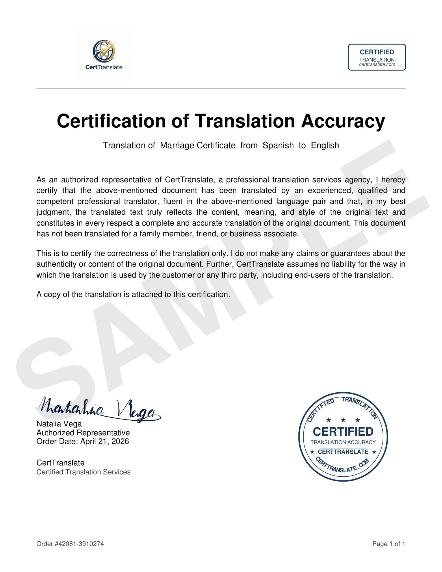 Translation Certification Example Certified Birth Certificate Translation | USCIS Accepted