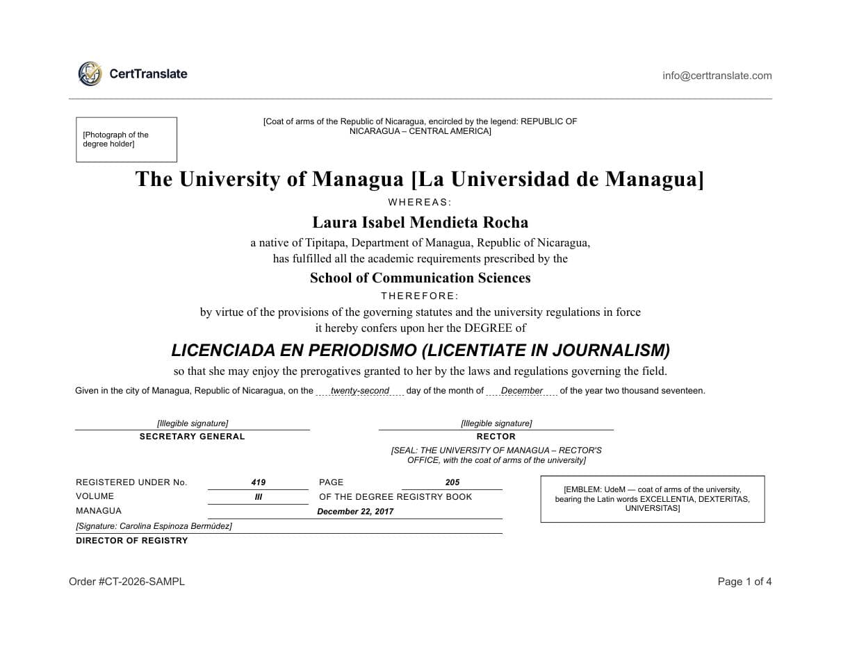 Sample English diploma translation preserving the academic document layout, seals, degree title, signatures, and registry details for credential evaluation